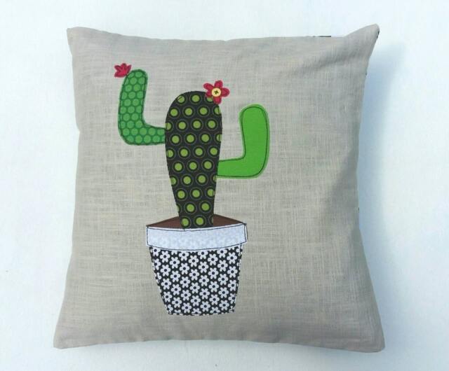 Cactus Cushion Cover, Decorative, Throw Cushion. Appliqu??d Cotton On Linen, 16 - image 1