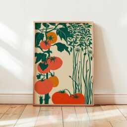 Garden Vegetable Art Print - Retro Linocut Kitchen Wall Minimalist Tomato & Squash Illustration - thumbnail 1