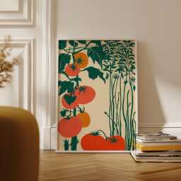 Garden Vegetable Art Print - Retro Linocut Kitchen Wall Minimalist Tomato & Squash Illustration - thumbnail 2