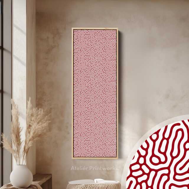 Red & White Abstract Maze Pattern Long Framed Canvas - Vertical Skinny Wall Art For Bedroom, Living Room Or Hallway - image 1