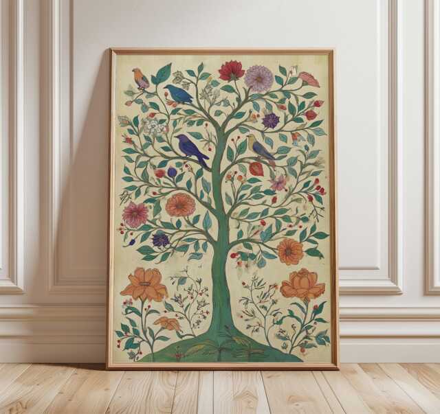Tree Of Life Art Print, Botanical Folk Poster, Vibrant Floral & Bird Wall Decor - image 1
