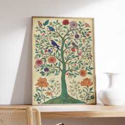 Tree Of Life Art Print, Botanical Folk Poster, Vibrant Floral & Bird Wall Decor - thumbnail 2