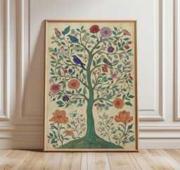Tree Of Life Art Print, Botanical Folk Poster, Vibrant Floral & Bird Wall Decor - thumbnail 1