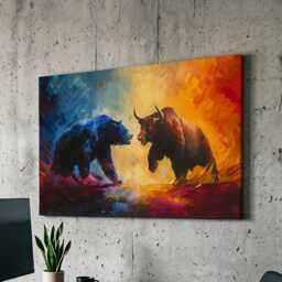 Bear Vs Bull Stock Market Wall Street Trading Painting Finance Inspirational Framed Canvas Art Poster Print Home & Office Room Decor - thumbnail 1