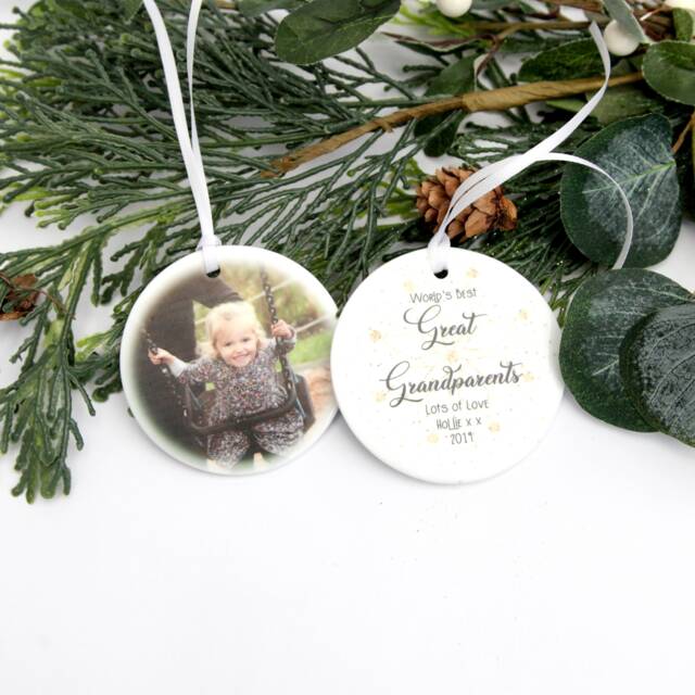 Personalised Ceramic Tree Decoration Bauble Grandparent Great Gift Stocking Filler Present Secret Santa Your Photo Snowflake - image 1