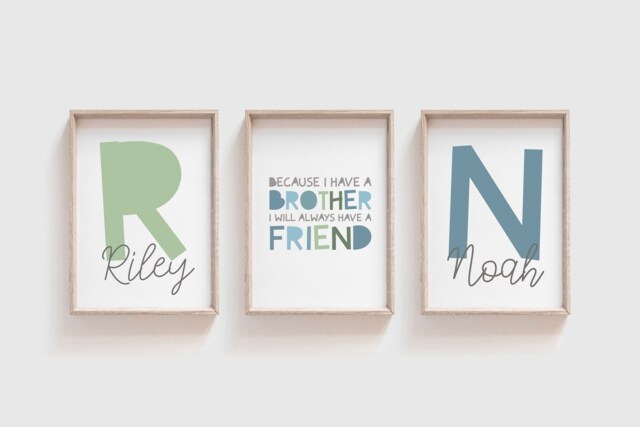 3 Boys Bedroom Prints, Personalised Name Bedroom Decor, Sibling Twin Nursery Wall Art - image 1