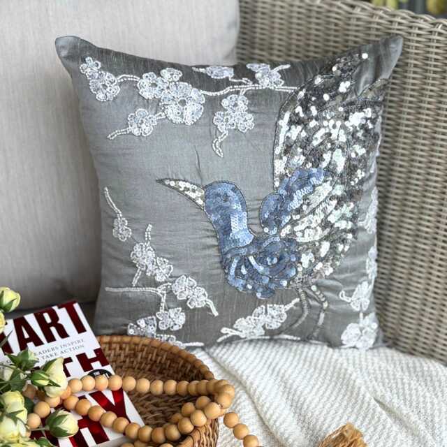 Gray Art Silk Bird Throw Pillow Cover, 16x16 Sequined Bead Contemporary Cushion Cover - Silver Birdy - image 1
