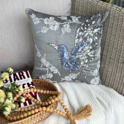 Gray Art Silk Bird Throw Pillow Cover, 16x16 Sequined Bead Contemporary Cushion Cover - Silver Birdy - thumbnail 2