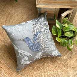 Gray Art Silk Bird Throw Pillow Cover, 16x16 Sequined Bead Contemporary Cushion Cover - Silver Birdy - thumbnail 3