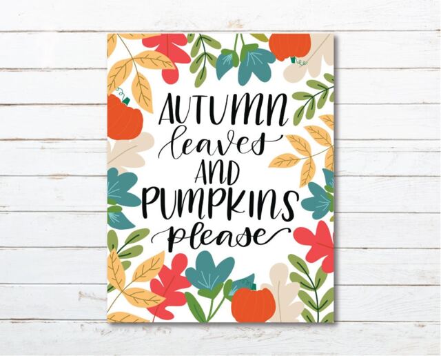 Autumn Leaves & Pumpkins Please Print, Fall Floral Wall Art - Digital Download
