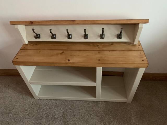 Shoe Bench & Coat Rack Set Handmade Wooden Rustic Painted Boot Mud Room Solid Wood Cast Iron Coat Hooks Hallway Storage Oak Pine Walnut - image 1