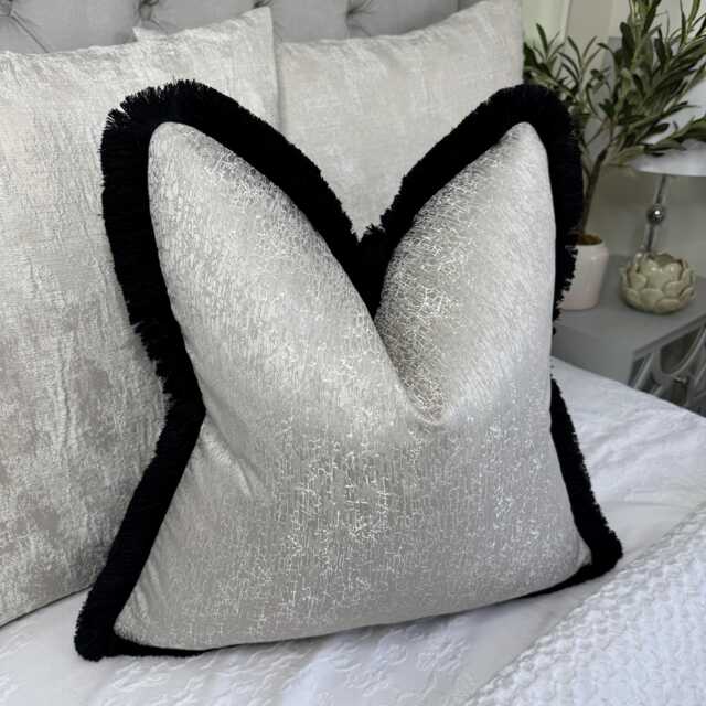 Fringed Pillow Cover - Contrasting Luxury Rushe Brush Fringed Cushion Cover, Blake Shell Grey/Black, Made To Order, Worldwide Shipping - image 1