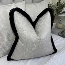 Fringed Pillow Cover - Contrasting Luxury Rushe Brush Fringed Cushion Cover, Blake Shell Grey/Black, Made To Order, Worldwide Shipping - thumbnail 1