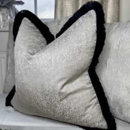 Fringed Pillow Cover - Contrasting Luxury Rushe Brush Fringed Cushion Cover, Blake Shell Grey/Black, Made To Order, Worldwide Shipping - thumbnail 3