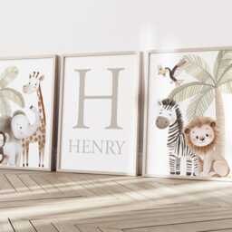 Safari Elephant Giraffe Lion Animal Baby Girls Boys A4 Or A3 Nursery Unframed Personalised Prints Unisex Neutral Boho Beige Green Jungle - thumbnail 3