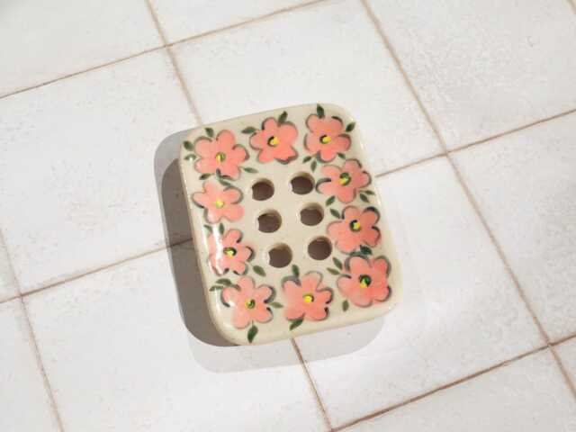 Handmade Ceramic Soap Dish Floral Painted Pottery, Speckled Stoneware Clay With Drainage - image 1