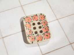 Handmade Ceramic Soap Dish Floral Painted Pottery, Speckled Stoneware Clay With Drainage