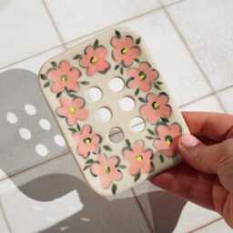 Handmade Ceramic Soap Dish Floral Painted Pottery, Speckled Stoneware Clay With Drainage - thumbnail 3
