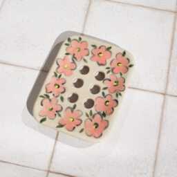 Handmade Ceramic Soap Dish Floral Painted Pottery, Speckled Stoneware Clay With Drainage - thumbnail 2