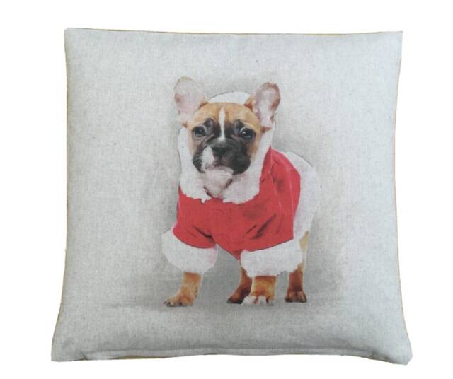Handmade Christmas Gift Santa French Bulldog Linen Throw Cushion Cover 16 - image 1