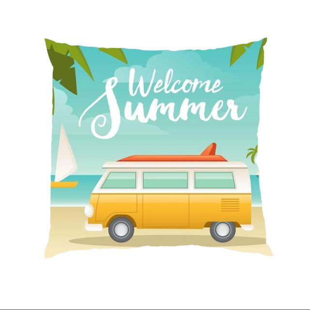 Welcome Summer Beach Campervan Sea Boat - Typography Inspirational Quote Cushion Case Covers, New Cotton Textile With Or Without Inner