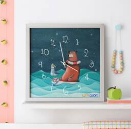 Hand-Painted Nursery Wall Clock Bear & Seagull, Kids Room Decor - thumbnail 1