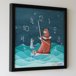 Hand-Painted Nursery Wall Clock Bear & Seagull, Kids Room Decor - thumbnail 3