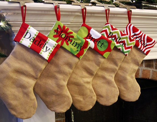 Christmas Stocking. Personalized Natural Burlap Stockings. Monogrammed Stockings. Embroidered Red - image 1