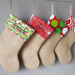 Christmas Stocking. Personalized Natural Burlap Stockings. Monogrammed Stockings. Embroidered Red - thumbnail 2