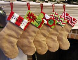 Christmas Stocking. Personalized Natural Burlap Stockings. Monogrammed Stockings. Embroidered Red - thumbnail 1