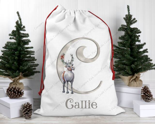 Christmas Sack, Santa Xmas Decoration, Personalised Reindeer, Bag, Custom Childs Sack - image 1