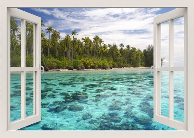 Tropical Sea View, Mural, Wall Sticker, Shore Forest 3D Window View Bedroom Living Room Decor
