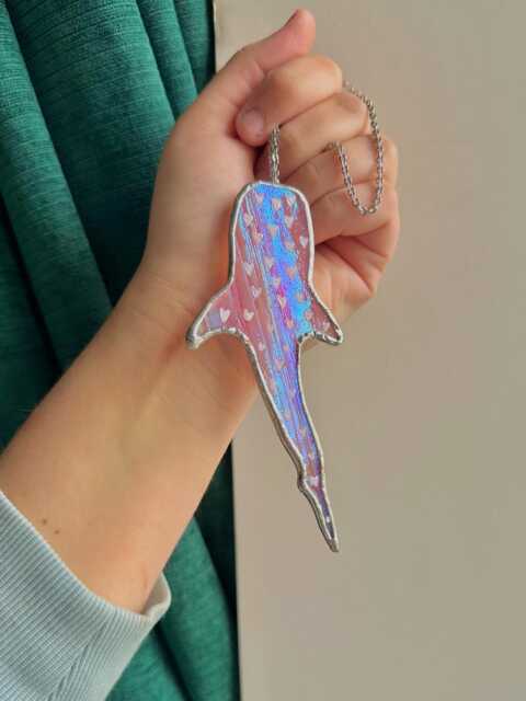 Gifts - Stained Glass Whale Shark Suncatcher Pink Iridescent Ocean Decor Spring Mothers Day - image 1