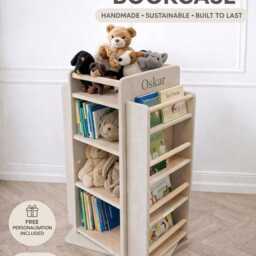 Rotating Montessori Bookshelf - Sustainable Hardwood Kids Toy Storage - thumbnail 2