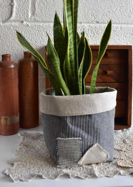 Boho Rustic Patched Stripe Denim Cotton Linen Fabric Plant Pot Holder Storage - image 1