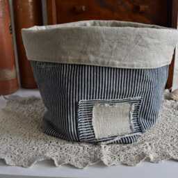 Boho Rustic Patched Stripe Denim Cotton Linen Fabric Plant Pot Holder Storage - thumbnail 3
