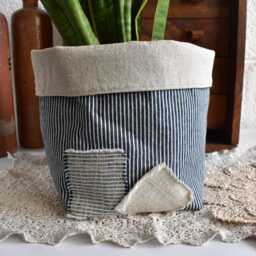 Boho Rustic Patched Stripe Denim Cotton Linen Fabric Plant Pot Holder Storage - thumbnail 2