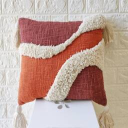 Terracotta Red Brown & Ivory 100% Raw Cotton Applique Embroidered Tufted Textured Cushion Cover 14x20, 12x20, 18x18 Boho Throw Pillow Case - thumbnail 4