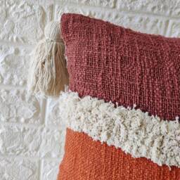 Terracotta Red Brown & Ivory 100% Raw Cotton Applique Embroidered Tufted Textured Cushion Cover 14x20, 12x20, 18x18 Boho Throw Pillow Case - thumbnail 3