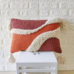 Terracotta Red Brown & Ivory 100% Raw Cotton Applique Embroidered Tufted Textured Cushion Cover 14x20, 12x20, 18x18 Boho Throw Pillow Case - thumbnail 1