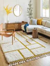 White Yellow Grid Moroccan Shag Rug, Hand Tufted Wool Boho Living Room Decor, Large Area Rugs, Berber Carpet