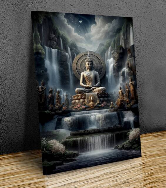 Buddha Sculpture & Waterfalls , Wall Art, Mounted Canvas Print Ready To Hang - image 1