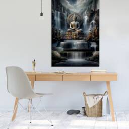Buddha Sculpture & Waterfalls , Wall Art, Mounted Canvas Print Ready To Hang - thumbnail 2