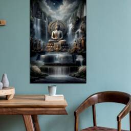 Buddha Sculpture & Waterfalls , Wall Art, Mounted Canvas Print Ready To Hang - thumbnail 3