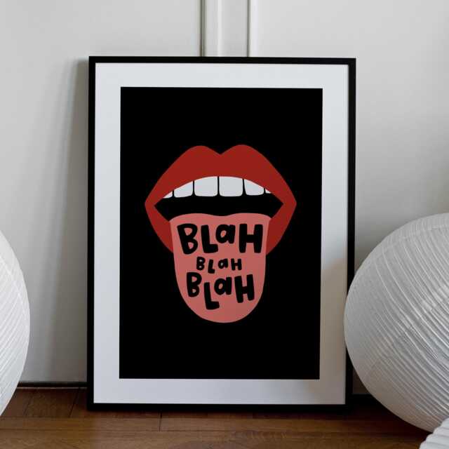 Blah Print - Gallery Wall Art, Bedroom Print, Black Red Pink, Fun Lips Hallway Living Room - image 1