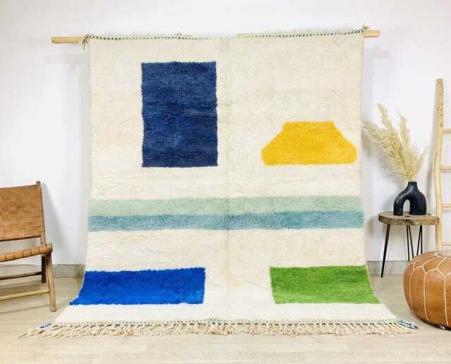 Moroccan White Berber Rug, Handwoven Wool Shag Rug With Geometric Shapes, Authentic Beni Ourain Style Carpet, Large 9x12 Area - image 1