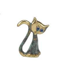 Handmade Brass Cat Figurine, Curved Tail Sculpture, Small Lover Gift, Whimsical Shelf Decor, Cyprus Art