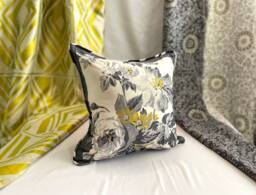 "Designers Guild, Decorative Pillow Cover, Bohemian Style, Yellow Gray Cream, Printed Silk, Piping, By Jane Hall Design, 18""/18"