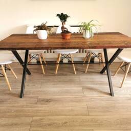 Industrial Cross Leg Dining Table - Raw Steel Pine Top Handmade UK Furniture - thumbnail 4