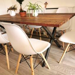 Industrial Cross-Leg Dining Table - Raw Steel & Pine Handmade UK Furniture Rustic Wood & Metal - thumbnail 3